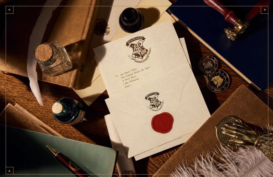 Personalized Hogwarts acceptance letter with envelope and Hogwarts crest
