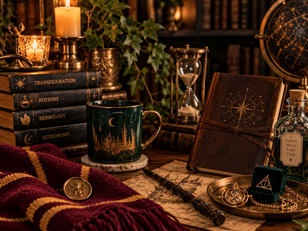 Harry Potter-inspired still life with spell books, wand, scarf, mug, hourglass, journal, and magical accessories