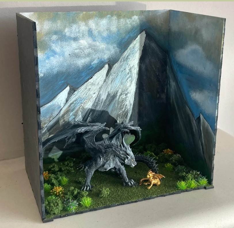 Hand-painted Fourth Wing book nook featuring Tairn and Andarna in a mountain landscape