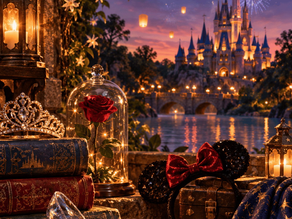 Disney-inspired scene with castle, fireworks, glass slipper, enchanted rose, Mickey ears, and storybooks