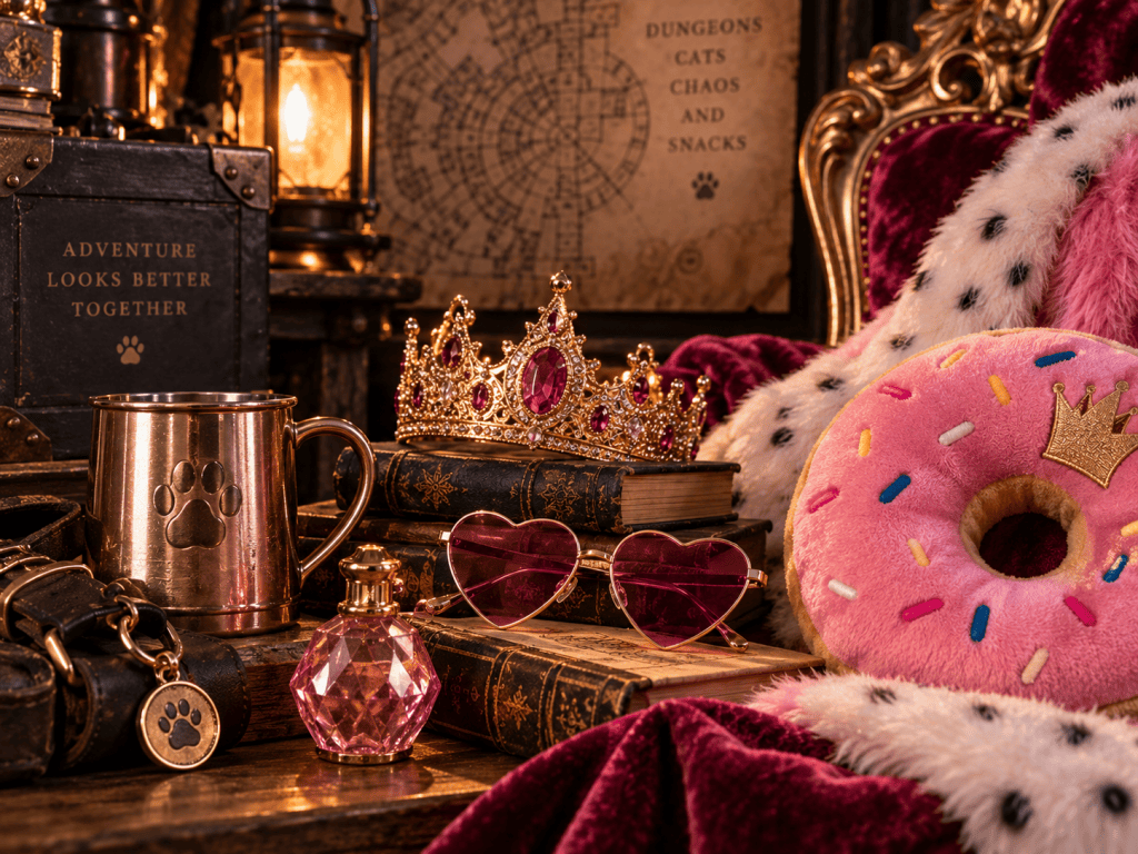 Dungeon Crawler Carl-inspired collection with crown, heart sunglasses, books, paw-print mug, and pink donut pillow