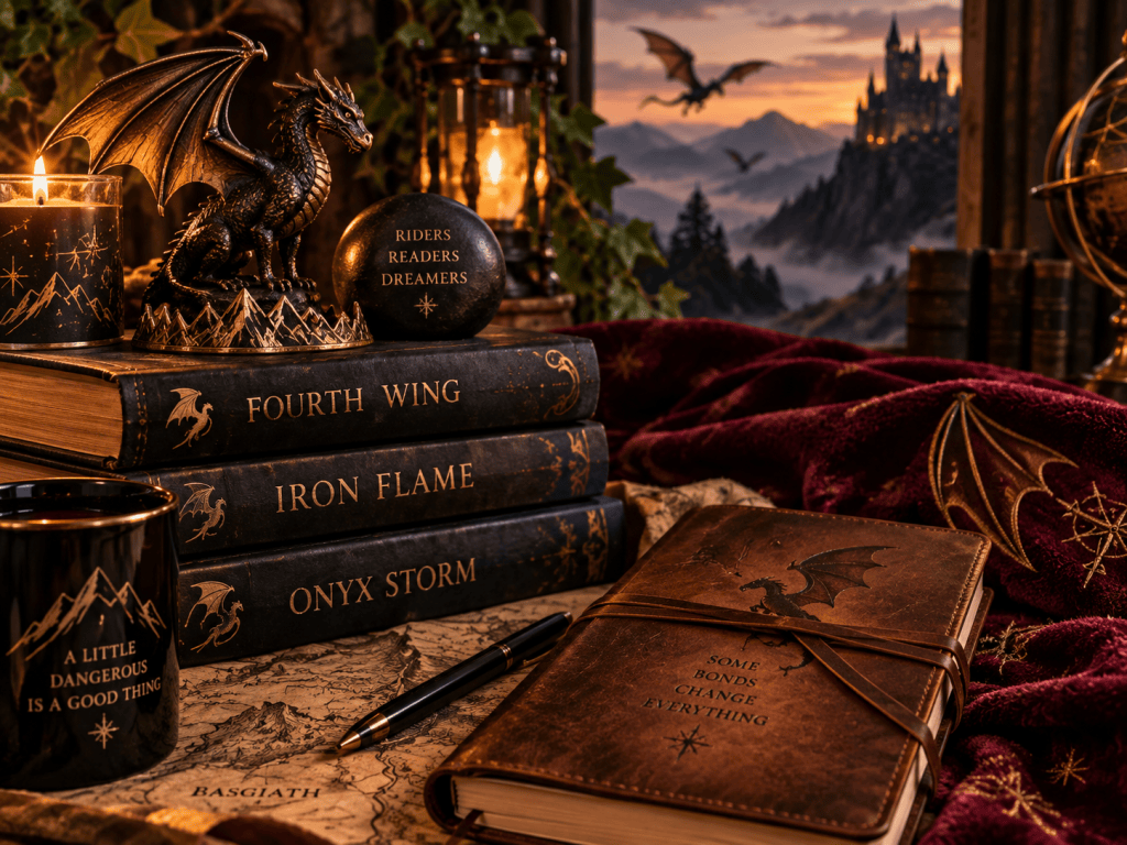 Fourth Wing-inspired fantasy scene with dragon figurine, books, map, journal, and mountain fortress