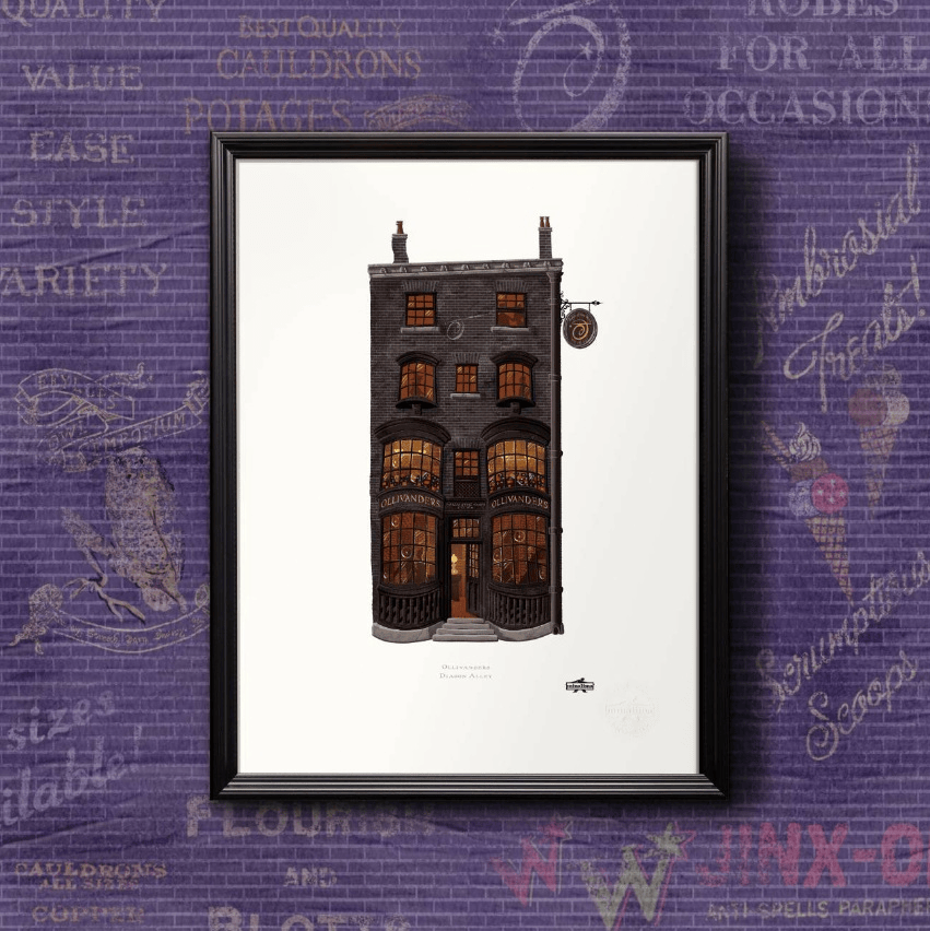MinaLima Ollivanders Diagon Alley art print framed against purple Harry Potter wallpaper