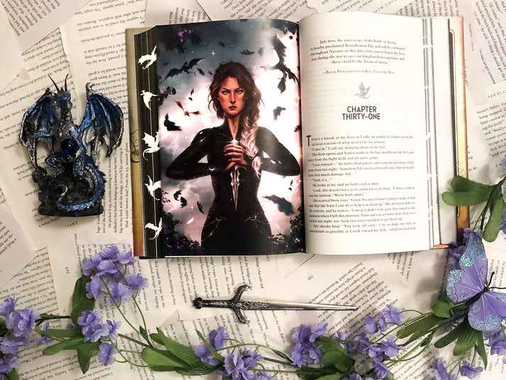 Illustrated Violet, Tairn, and Andarna page overlay for Fourth Wing